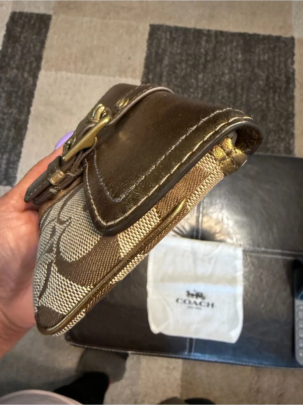 Coach Signature Buckle Metallic Bronze Leather Canvas Clutch Wallet